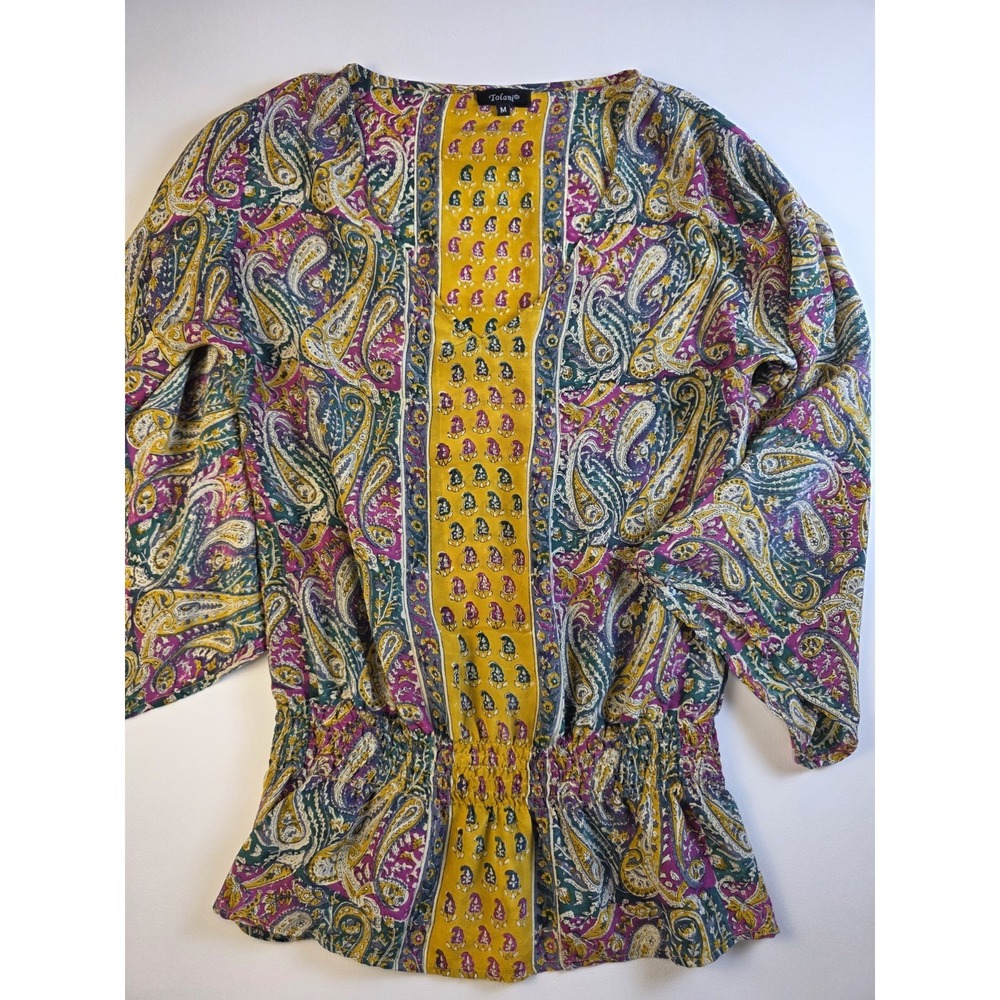 Tolani 100%‎ Silk Paisley Print Angel Wing  Sleeve Blouse Size Medium